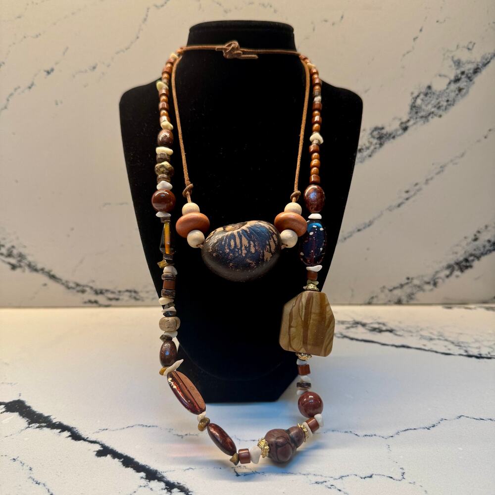 Esmor Boho Mixed Bead & Wood Statement Necklace Bundle 2pc